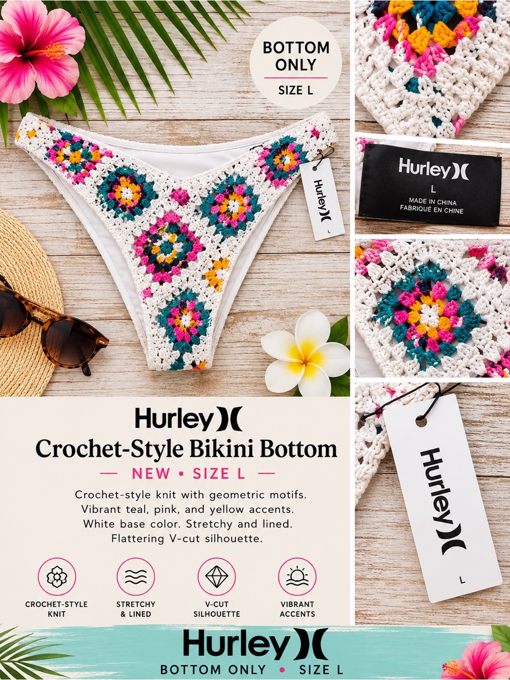 Hurley Crochet-Style Bikini Bottom in White, Teal, Pink, Yellow NEW L